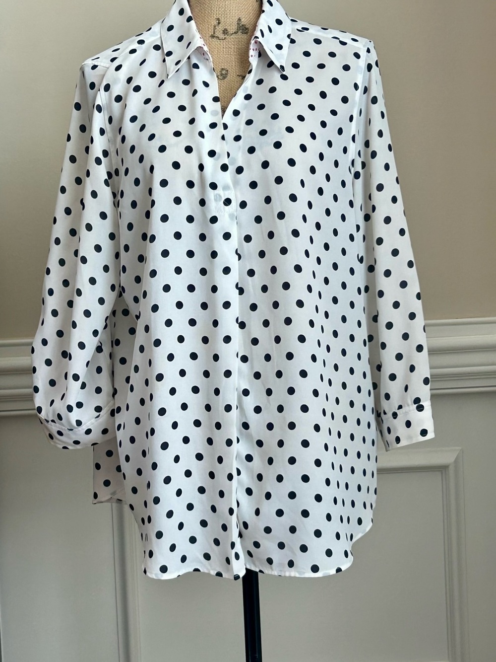 Foxcroft White Blouse with Navy Polka Dots